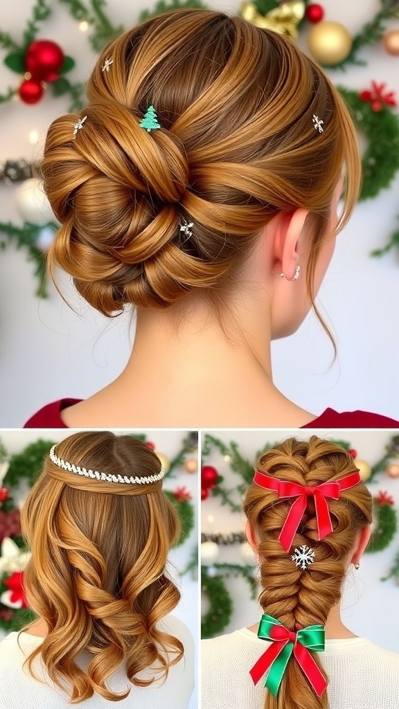 Festive Medium Length Christmas Hairstyles A collection of Christmas hairstyles for medium length hair including a twisted bun, soft curls, and a braided crown.